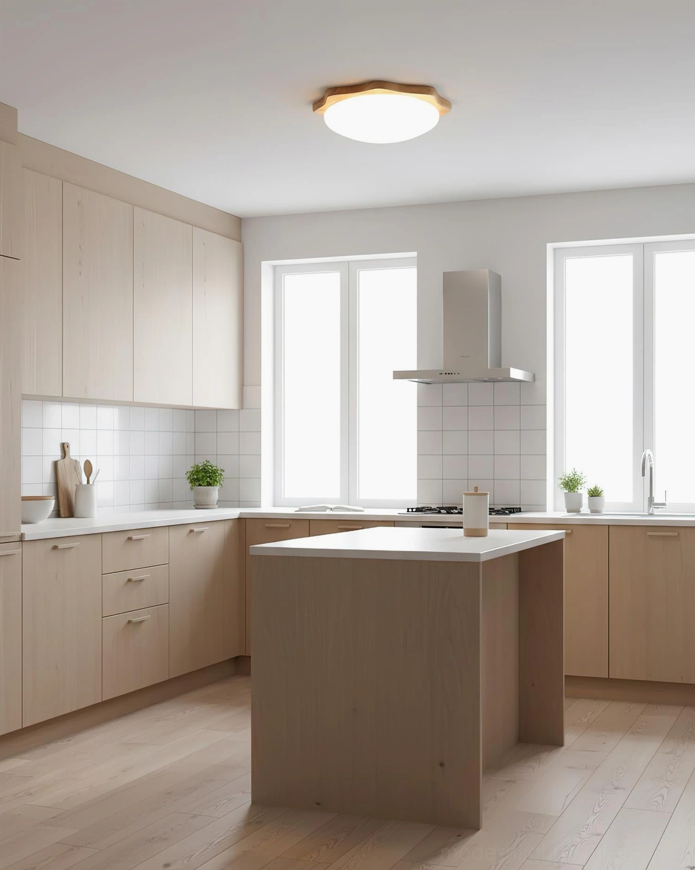 Modern wood ceiling light mounted above kitchen island in residential kitchen space showing contemporary fixture application