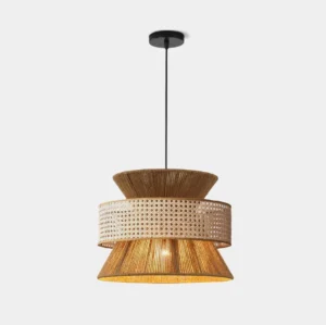 Natural rattan woven pendant light with three-tier layered shade in bohemian design style