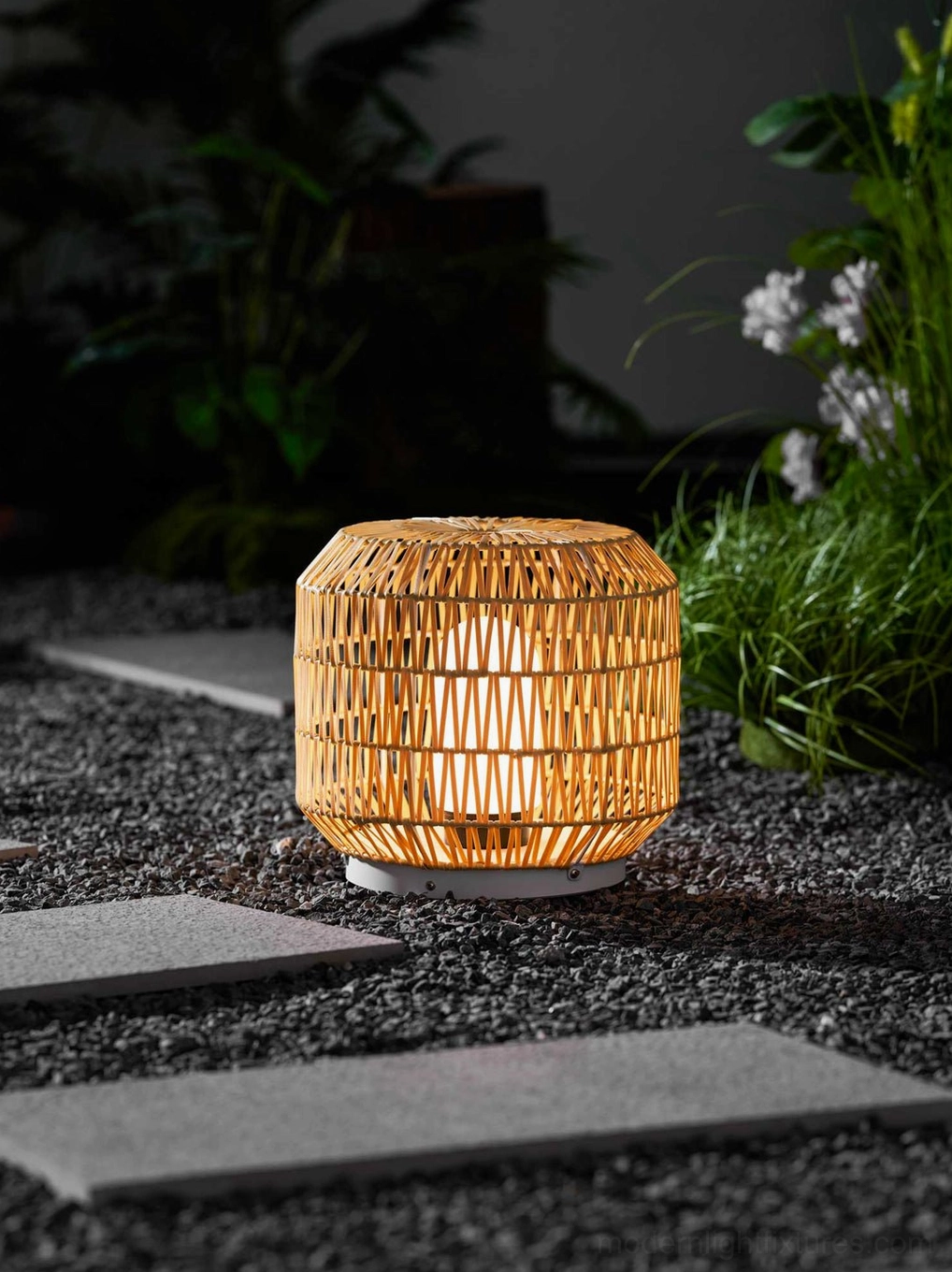 Rattan outdoor table lamp in natural beige color with warm white 3000K LED illumination
