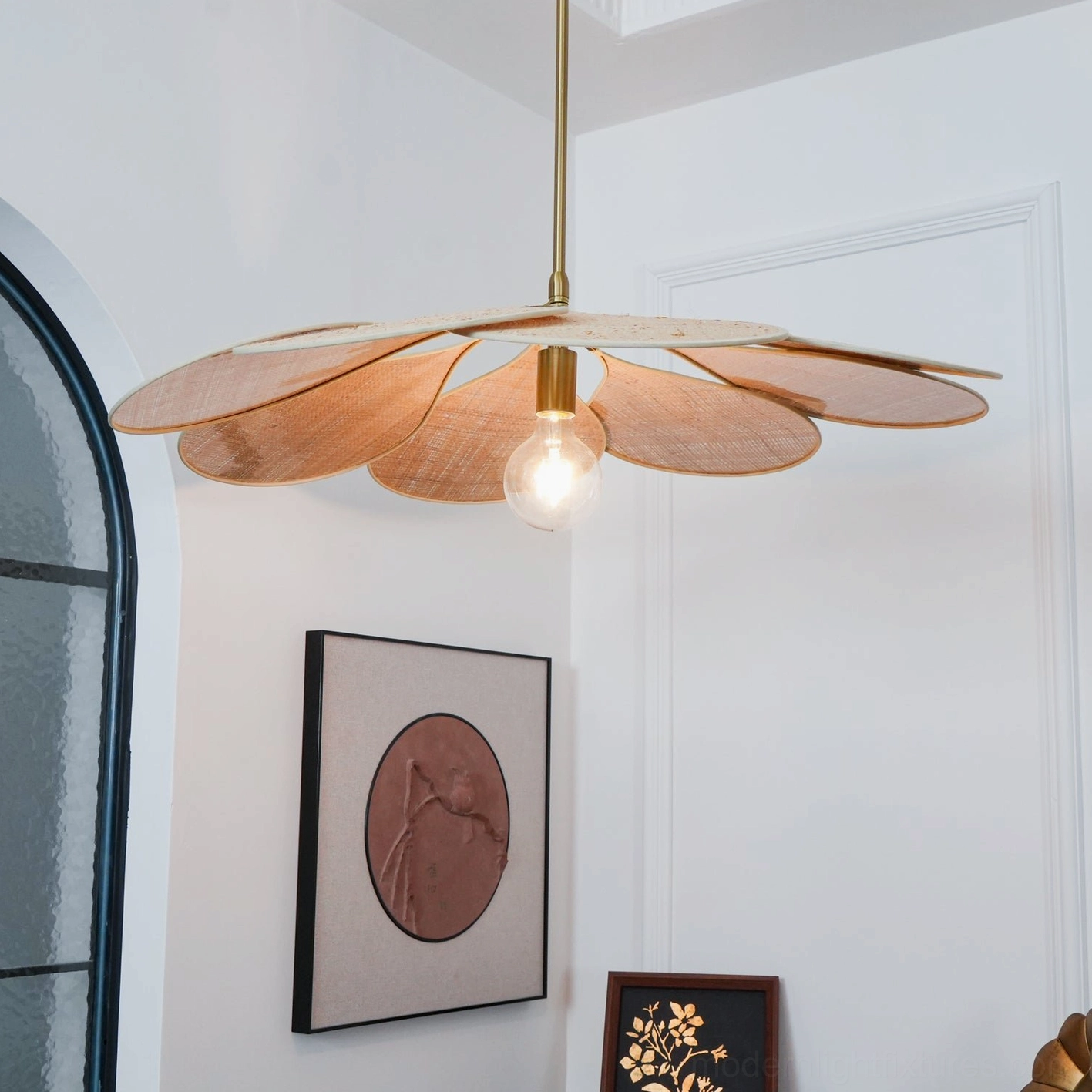 Natural rattan pendant lamp close-up highlighting hand-woven texture and craftsmanship