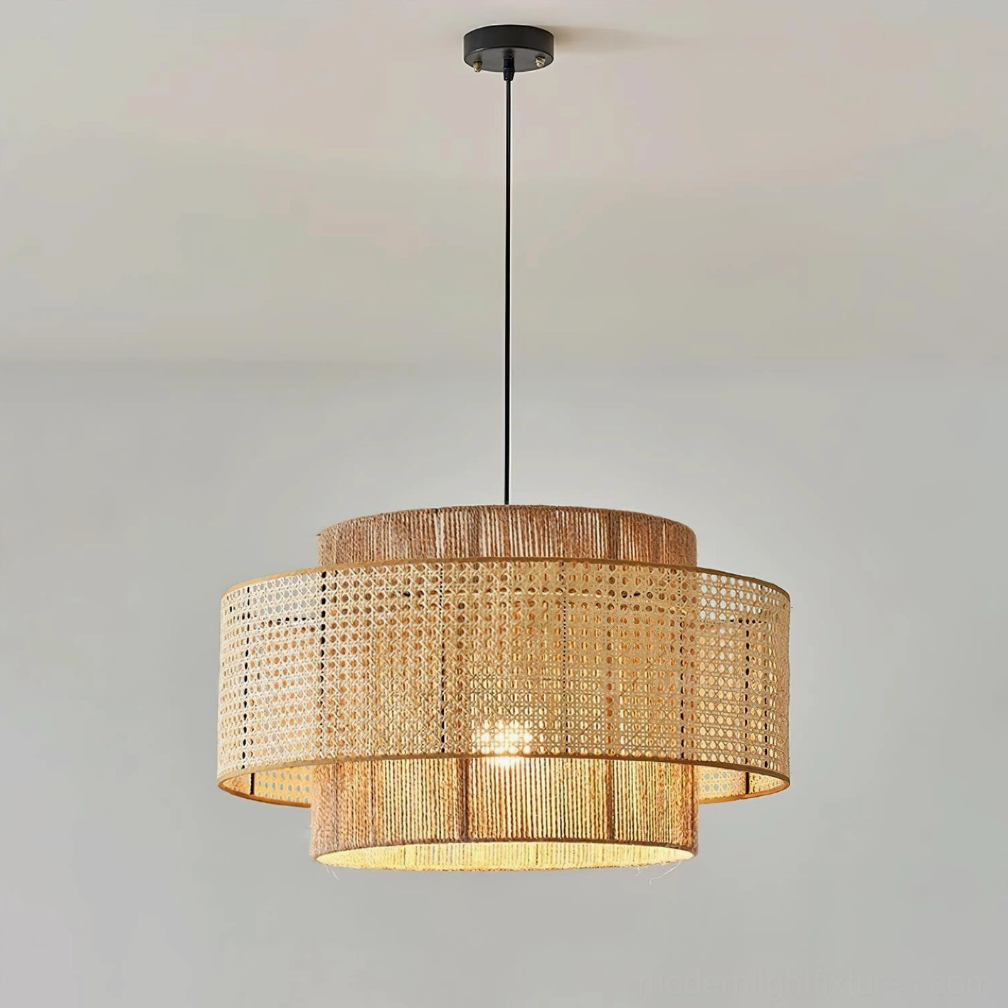 Natural rattan weaving pendant lamp light brown finish, single fixture product display showcasing artisan craftsmanship