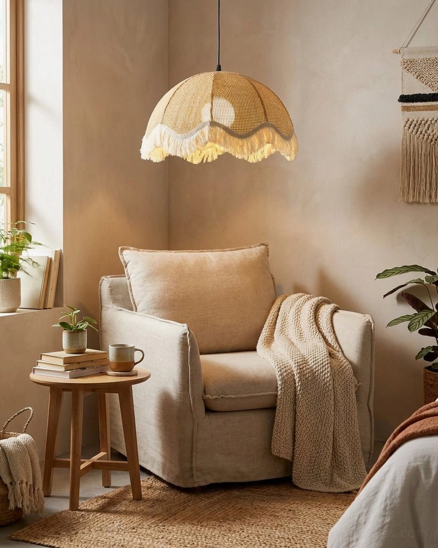 Natural rattan fringe pendant lamp in cozy living room corner, warm pendant light with tassel-trimmed shade