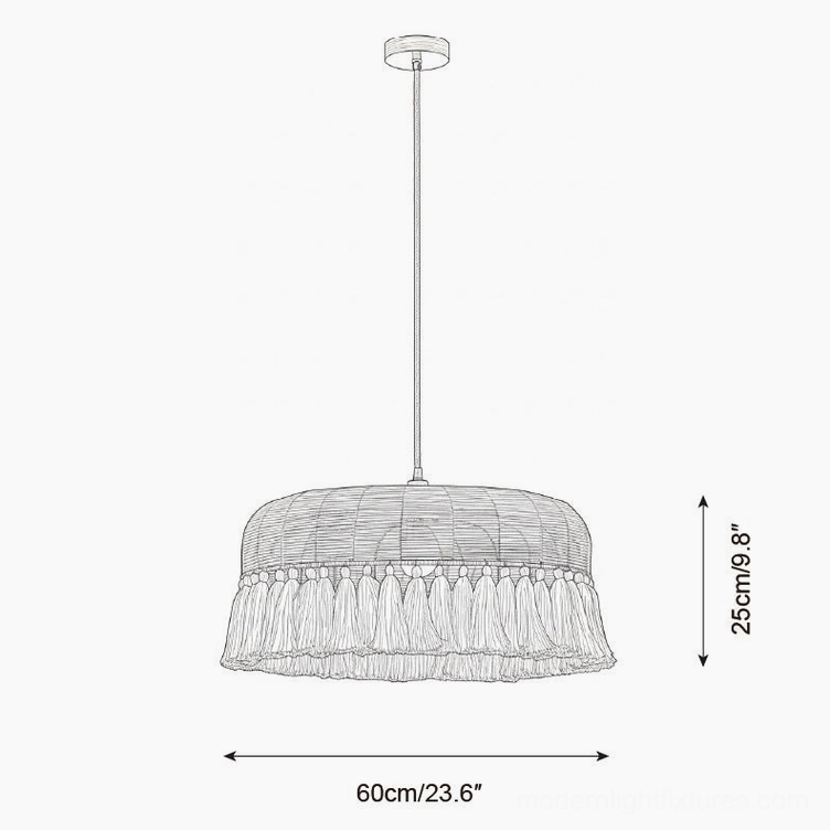 Natural rattan tassel pendant light dimension reference showing 60cm diameter and 25cm height technical drawing