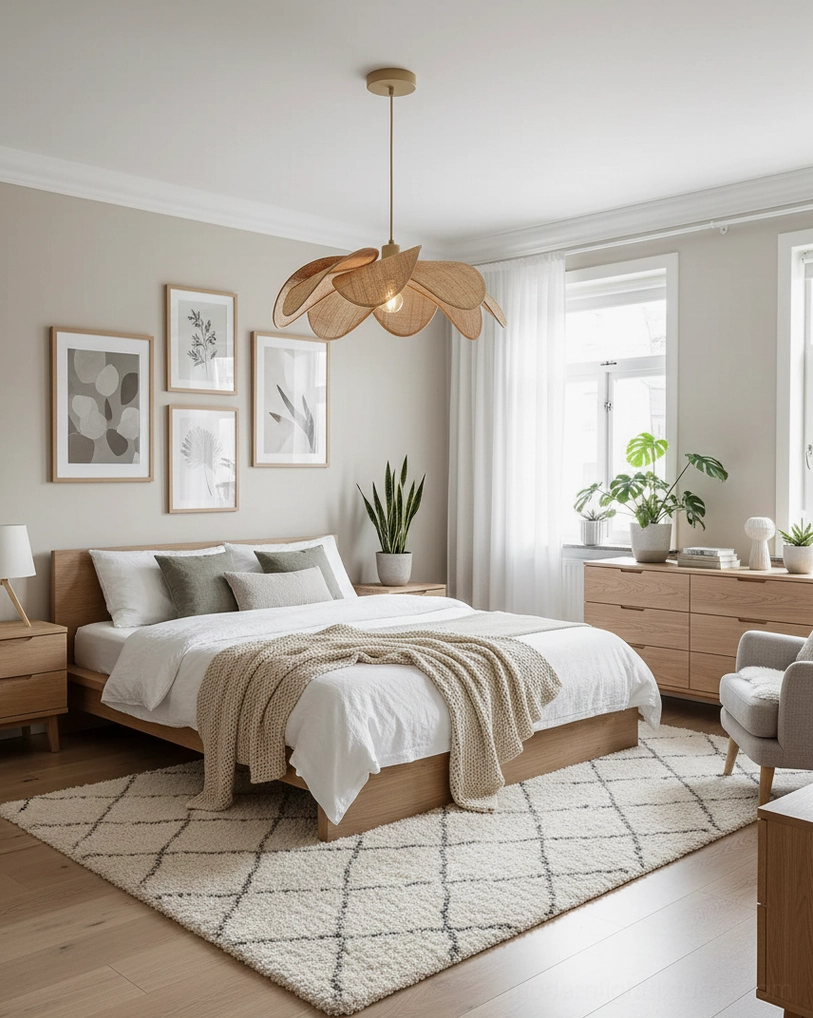 Natural rattan pendant light in beige and light brown colors creating warm ambient lighting in modern home