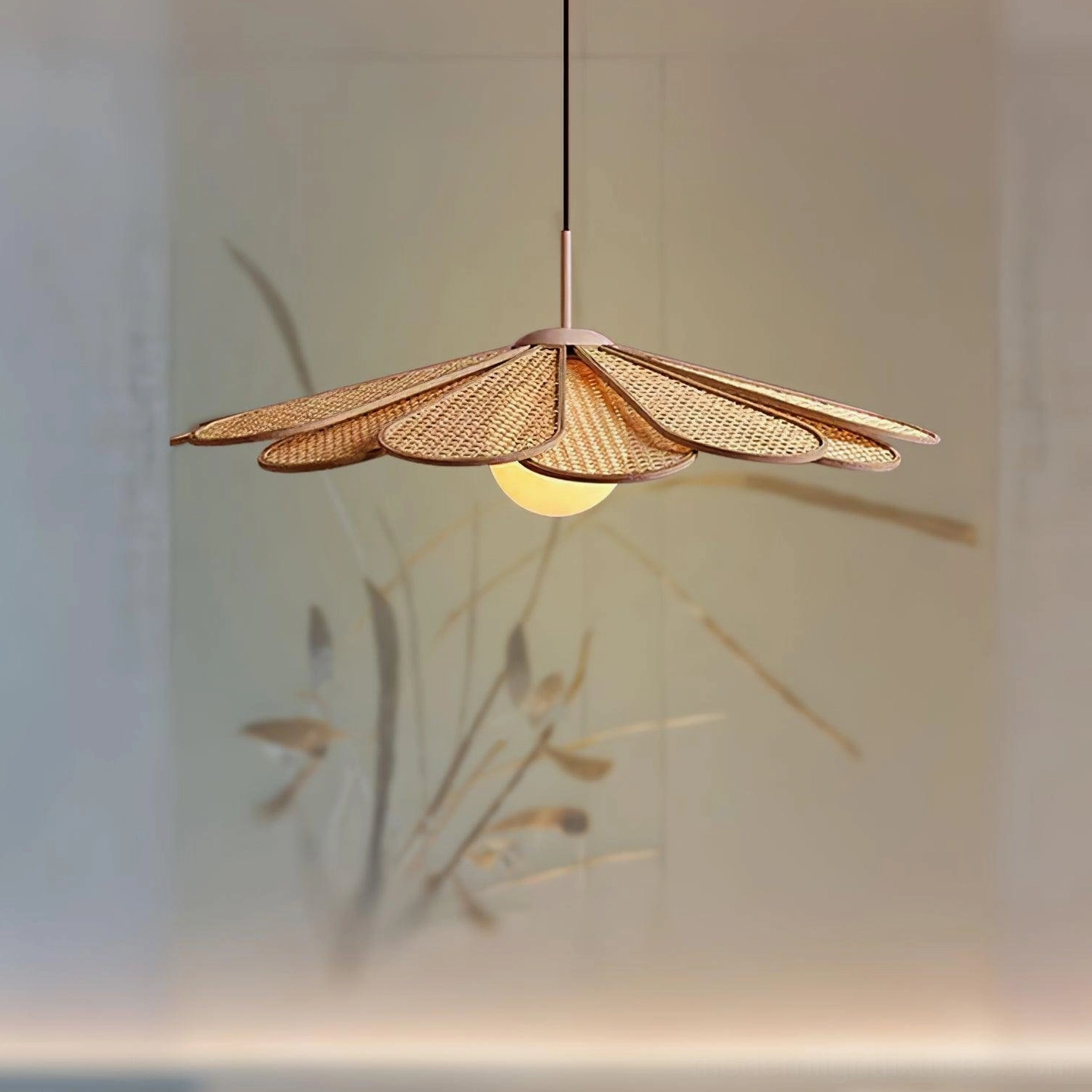 Natural rattan pendant light without black trim photographed in minimalist studio with potted plant styling