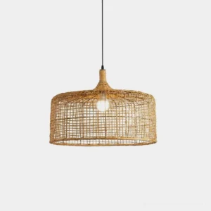 Handwoven natural rattan pendant light with open drum shade design, front view on white background showcasing intricate weaving pattern
