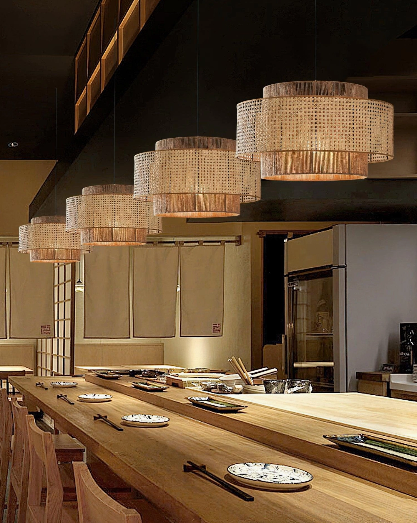 Natural rattan weaving pendant light fixture showcasing intricate hand-woven pattern details and warm light diffusion through open weave
