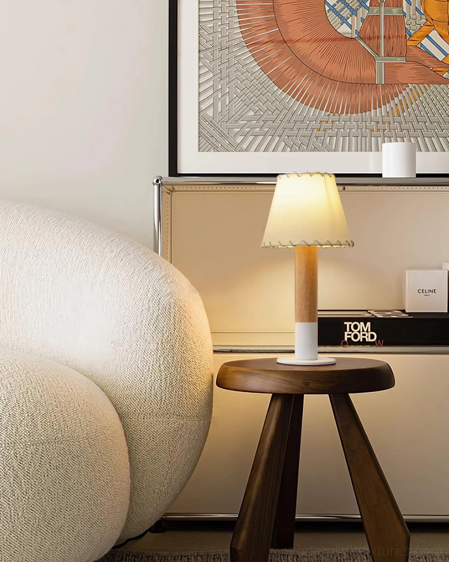 Farmhouse table lamp with natural rubber wood construction and hand-stitched ivory shade