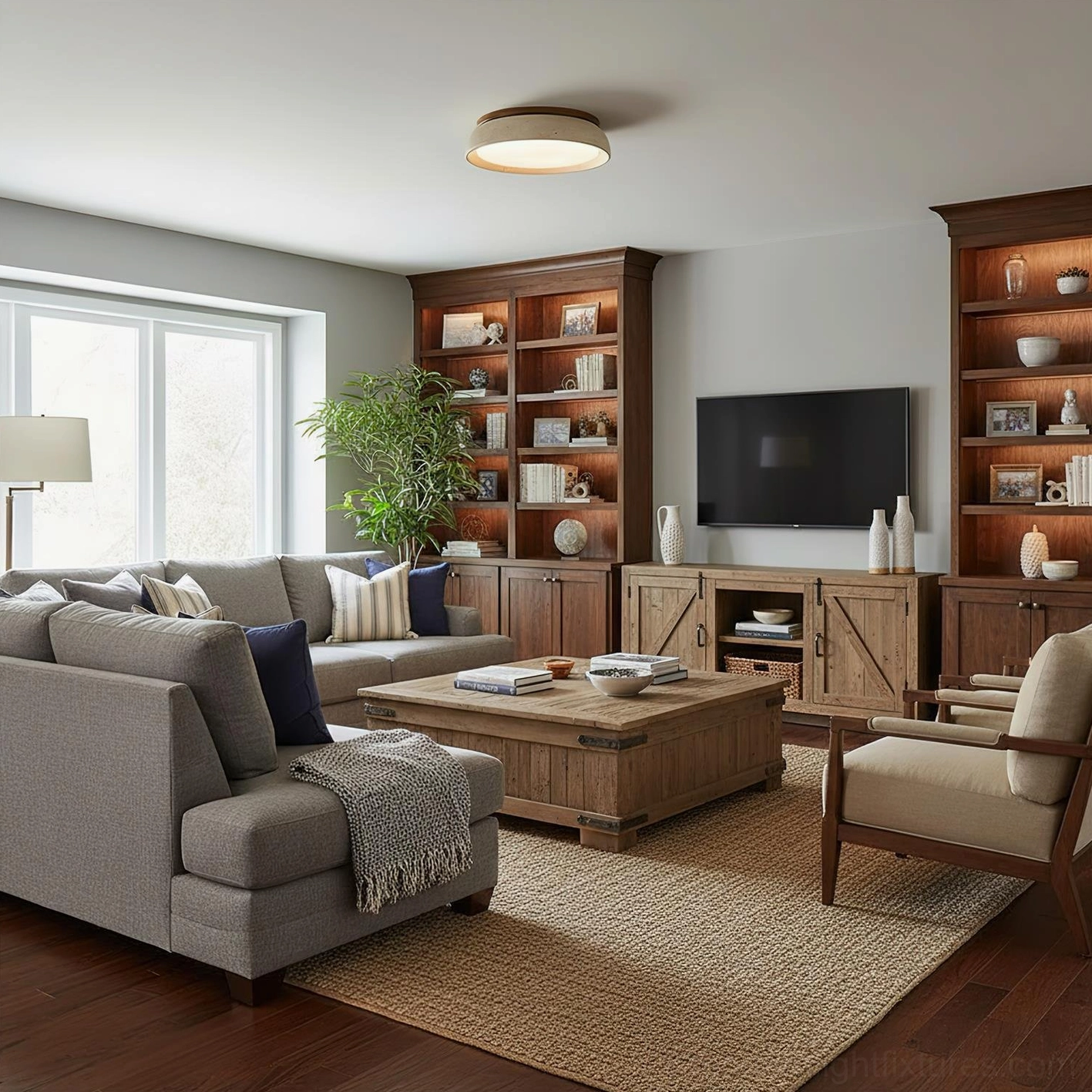 Modern travertine ceiling light fixture in large family living room overhead perspective, warm ambient lighting