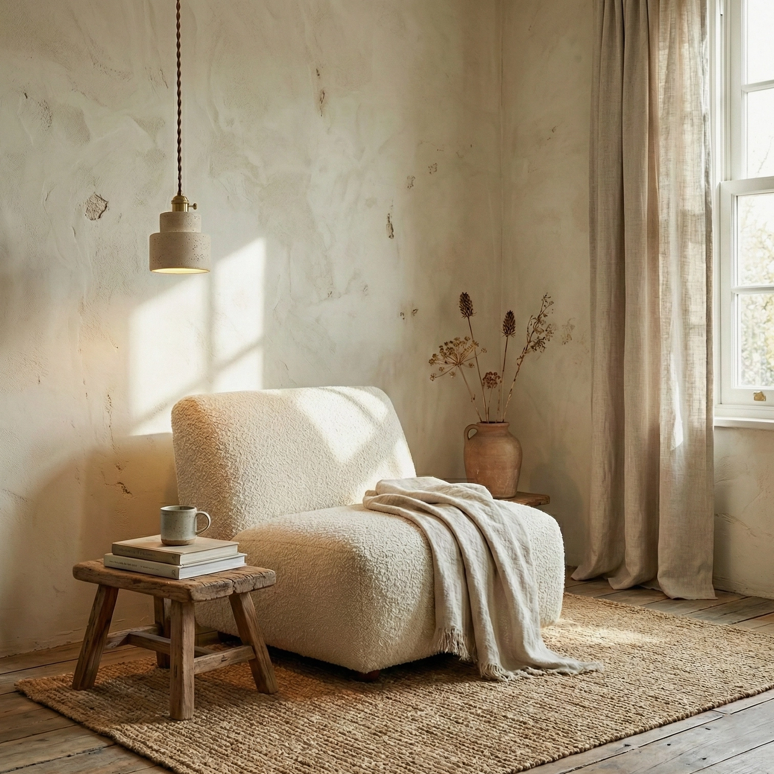 Natural stone travertine pendant light creating warm ambient illumination