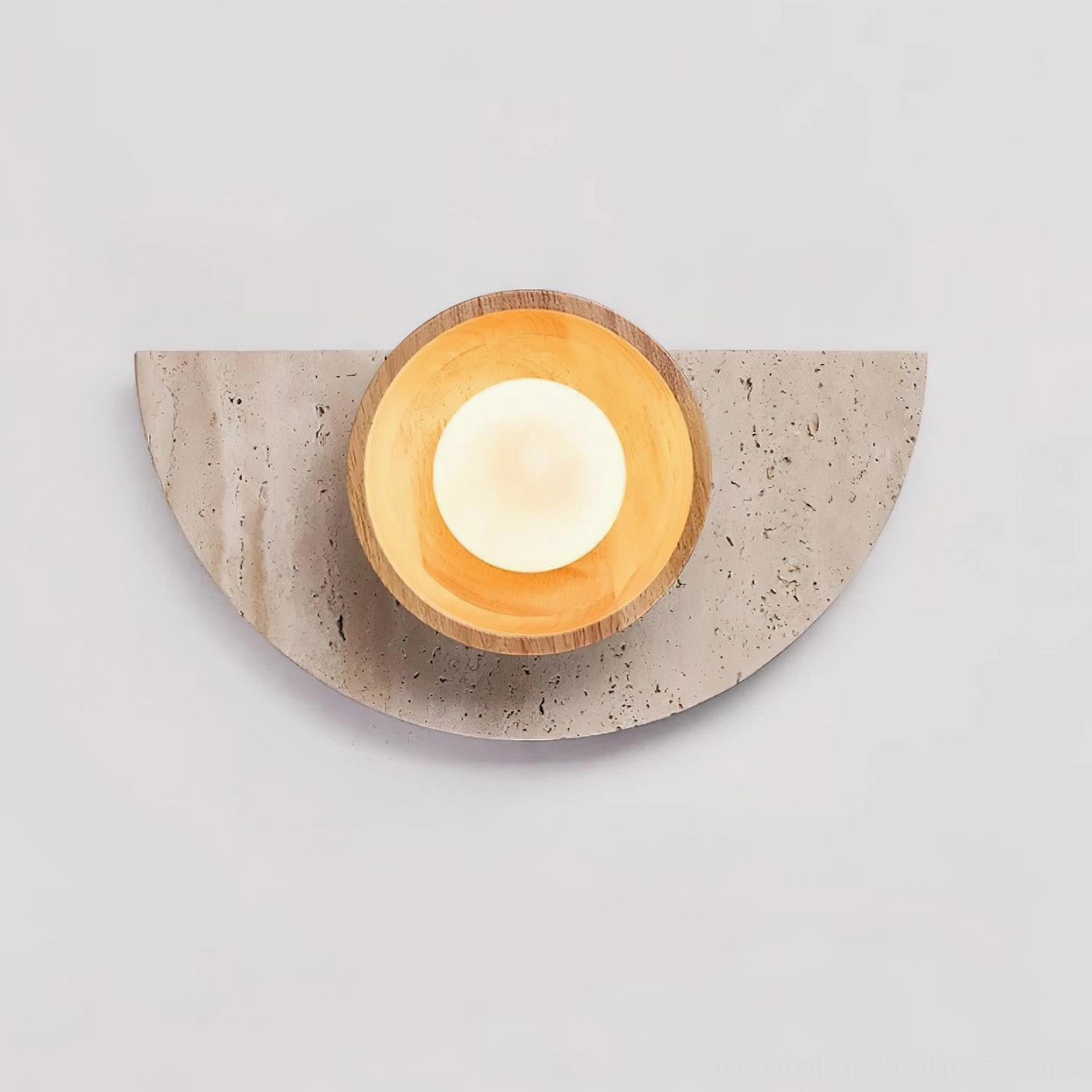 Natural stone travertine and wood wall lamp with frosted glass sphere in contemporary interior design