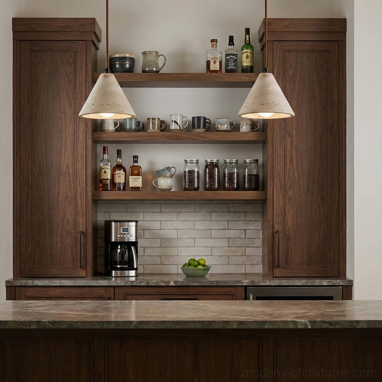 Travertine conical pendant lamp with natural stone pores and texture details in minimalist contemporary setting