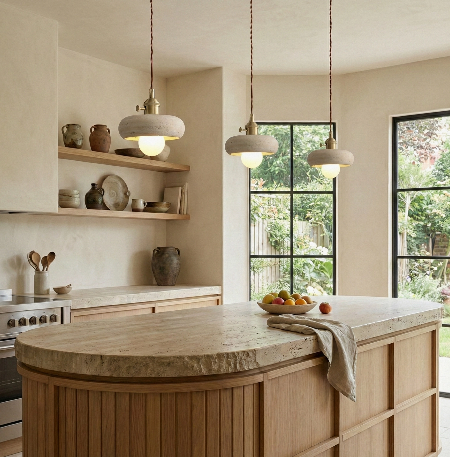 Natural travertine stone pendant fixture with organic texture and porous surface detail
