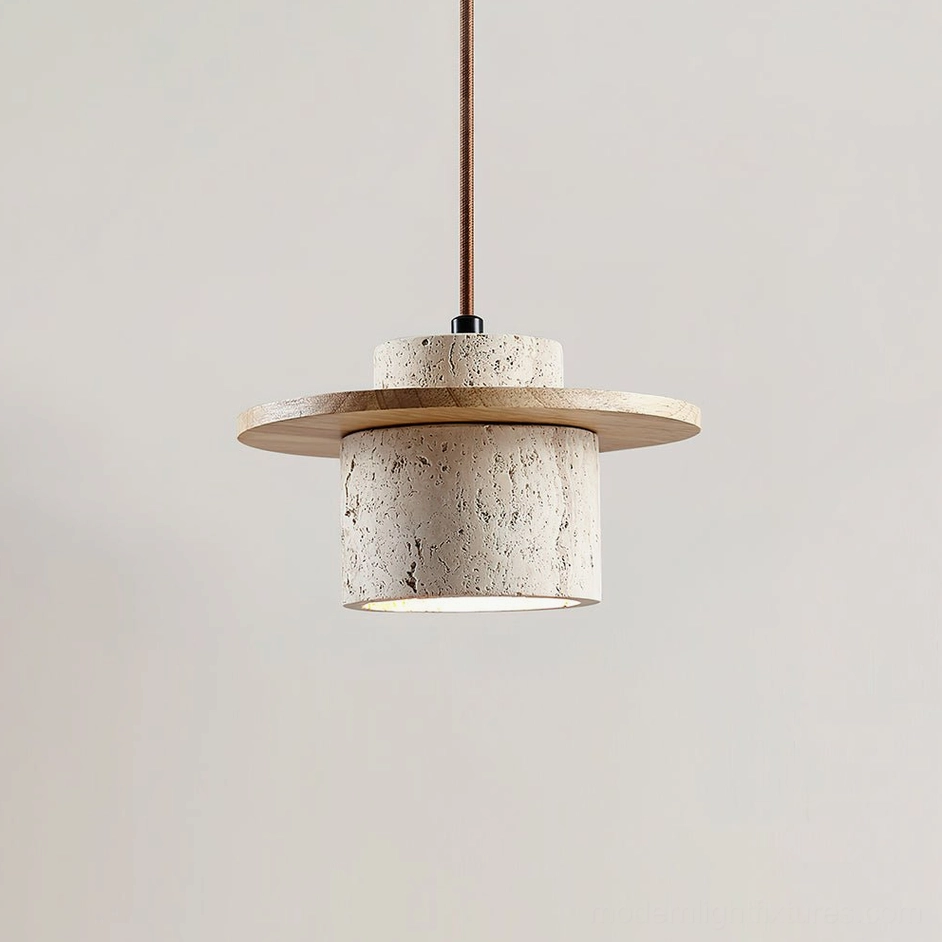 Natural travertine pendant light with light wood finish cap, showing warm color tone and porous stone surface character