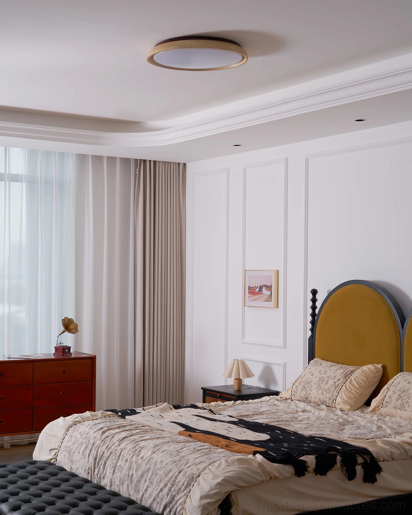 Natural travertine stone ceiling light installed in contemporary residential interior design