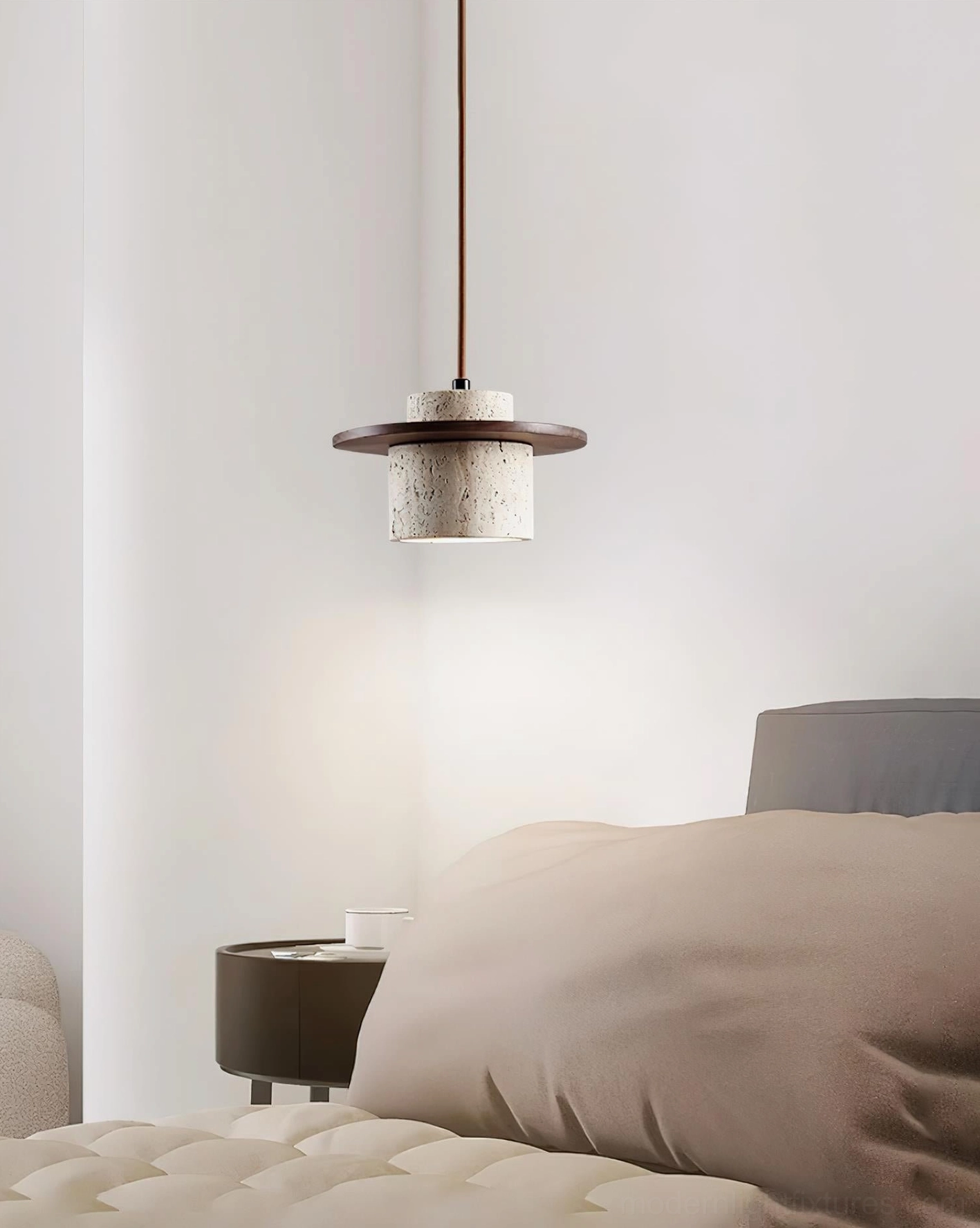 Natural travertine stone pendant lamp, product lifestyle image showing authentic porous stone texture and warm ambient glow