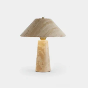 Auralin natural travertine table lamp with conical stone shade and tapered base, warm white LED lighting