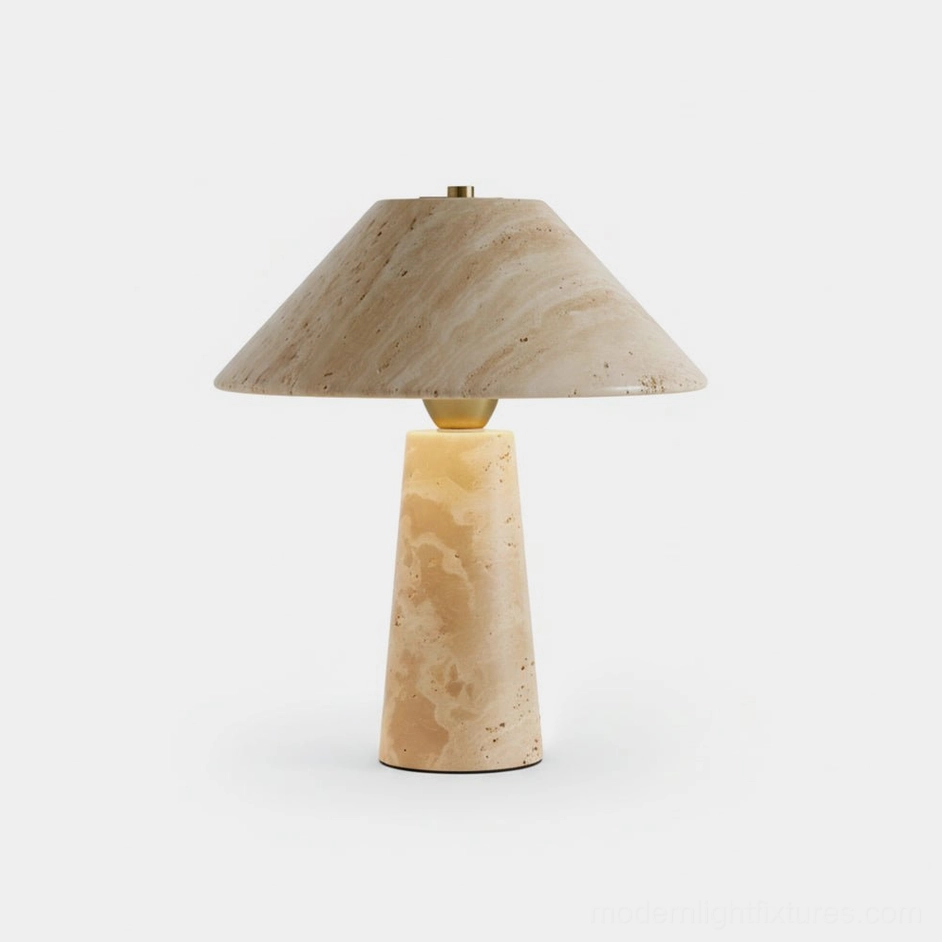 Auralin natural travertine table lamp with conical stone shade and tapered base, warm white LED lighting