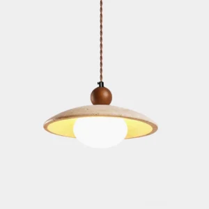 Travertine pendant light front view with textured stone shade and wooden finial detail