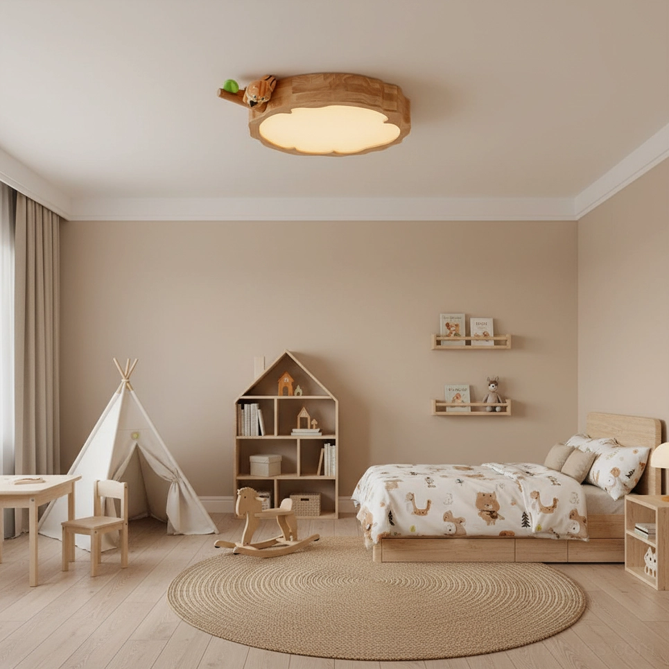 Natural light photograph of woodland animal ceiling lamp showing wood grain texture and warm LED glow