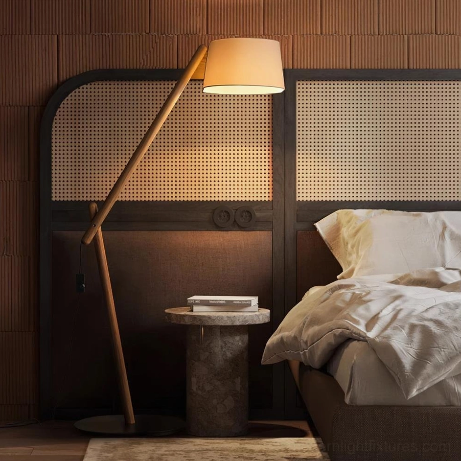 Natural wood tone arc floor lamp with contemporary cantilever design in modern living environment
