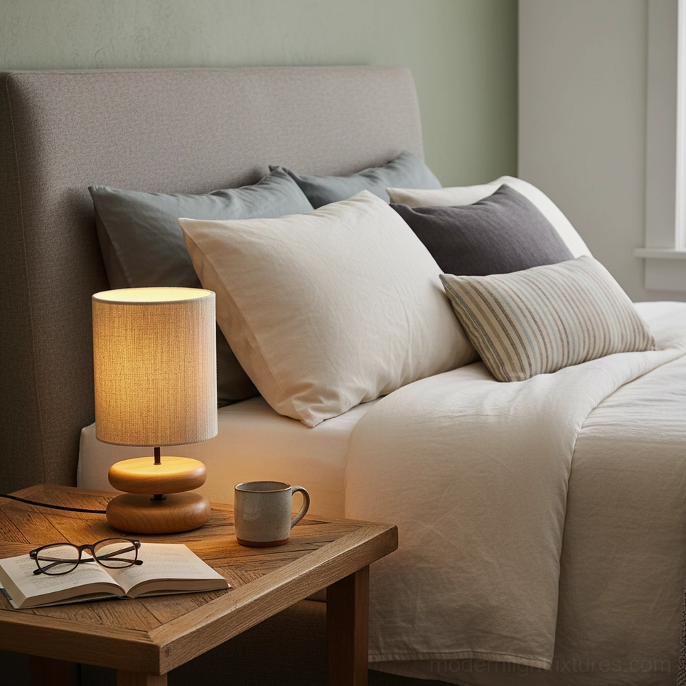 Natural wood bedside lamp with warm beige shade on master bedroom nightstand
