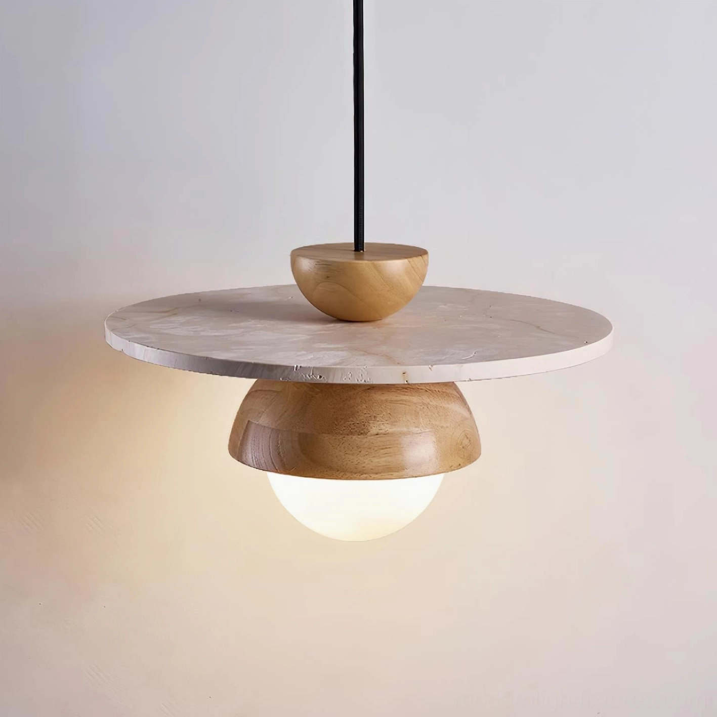 Natural wood and beige travertine pendant light ceiling fixture with frosted glass globe