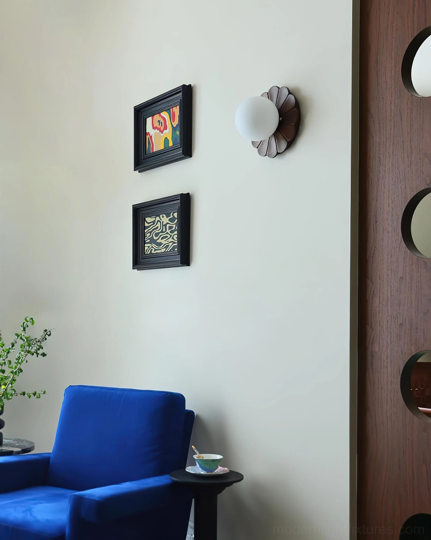 Natural wood finish botanical petal wall sconce creating soft ambient glow in home interior