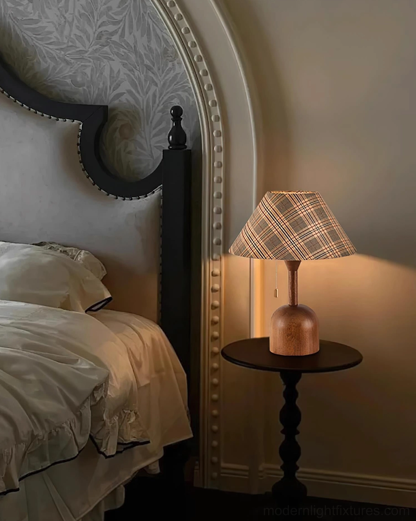 Natural wood cabin table lamp with plaid fabric shade for bedroom ambiance