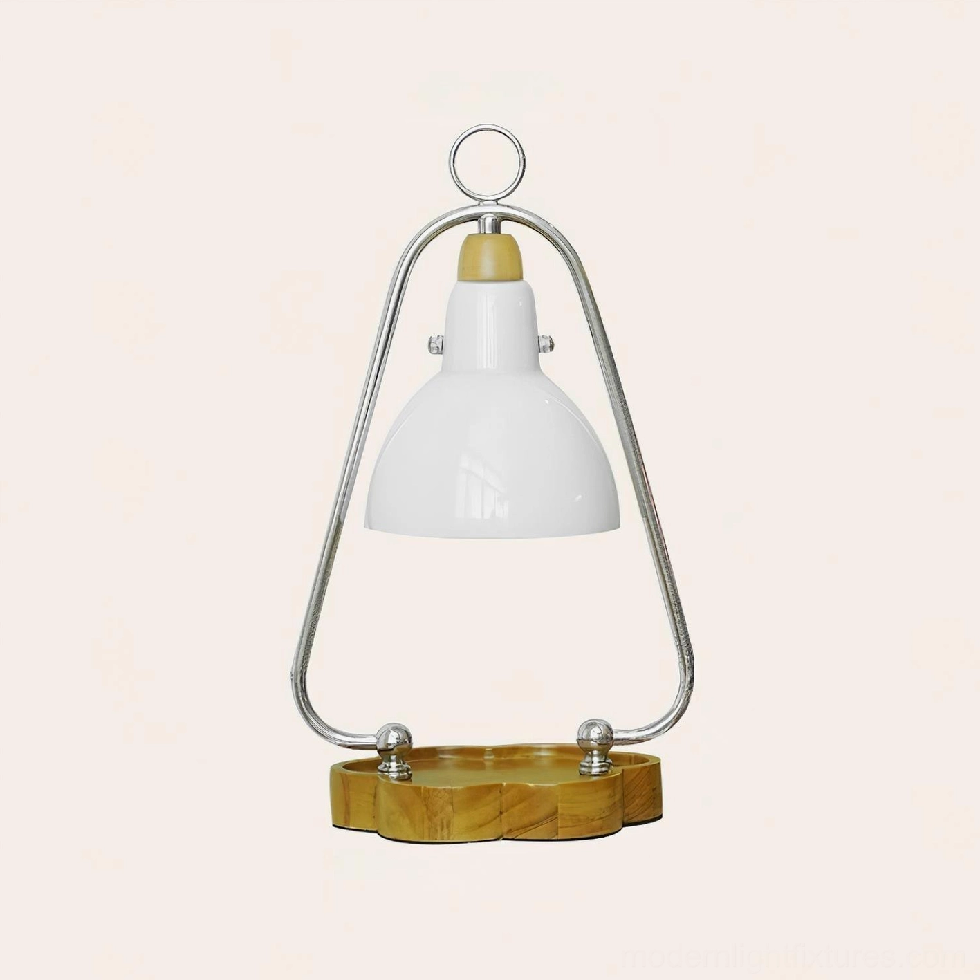 Candle warmer lamp with light wood finish flower-shaped base on white studio background