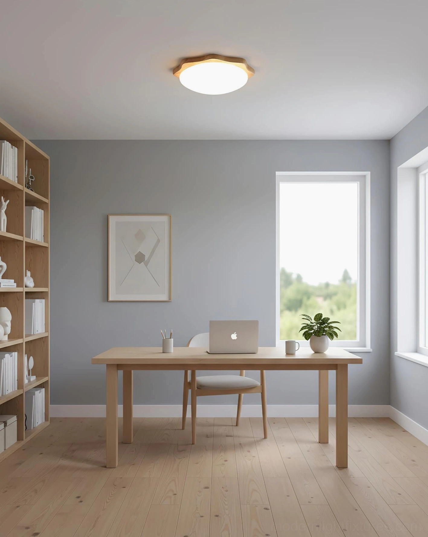 Maple wood flush mount ceiling light installed in home study workspace showing warm integrated LED lighting
