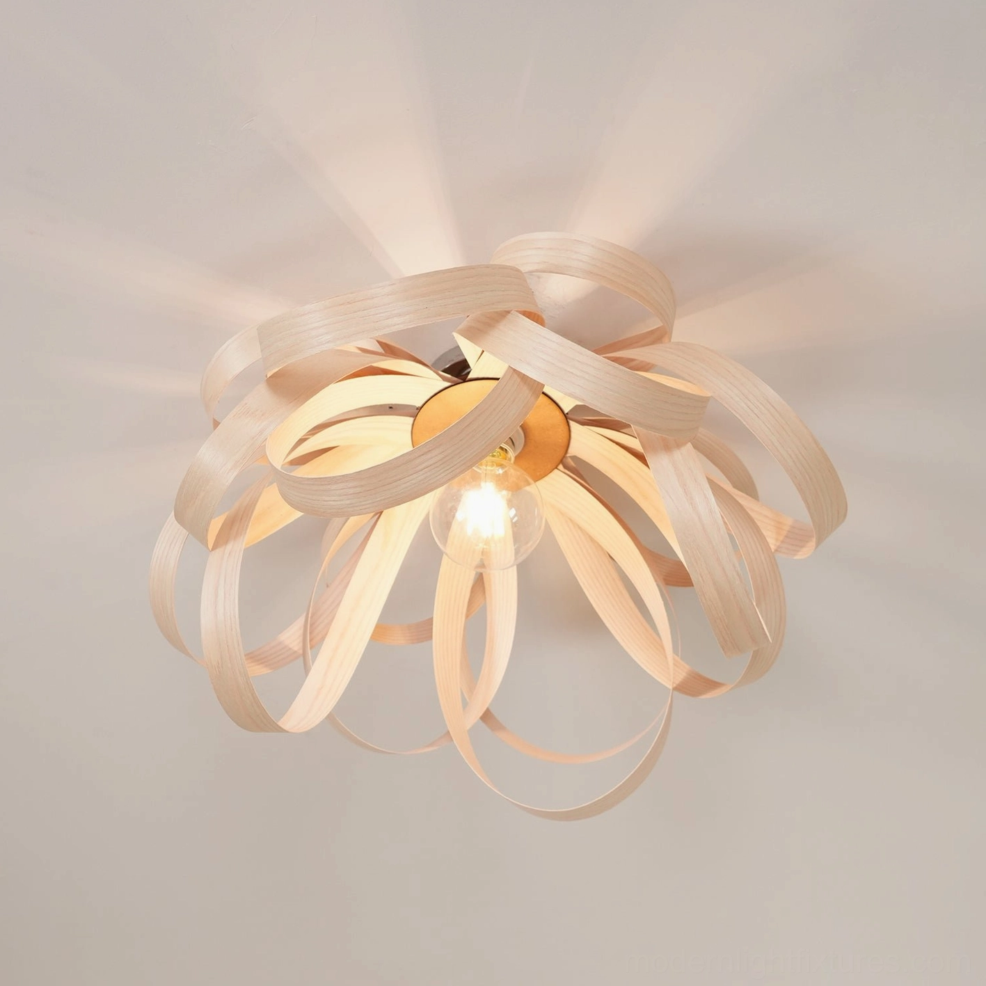 Natural wood semi-flush ceiling light with soft warm glow indoor view