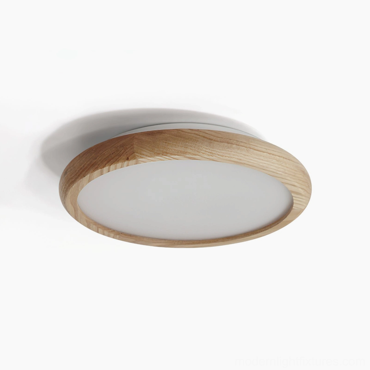 Natural wood tone flush mount ceiling fixture with artisanal floral motifs, front close-up studio photography
