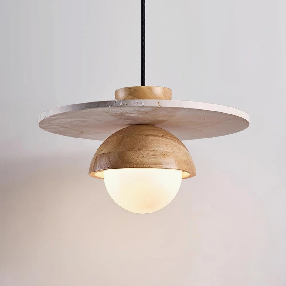 Pendant light with natural wood frame and beige travertine canopy in contemporary style