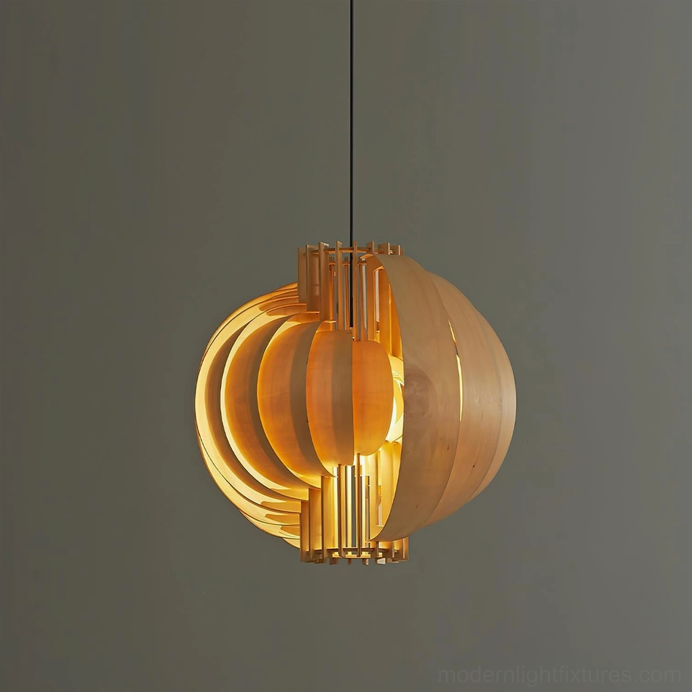 Natural wood finish globe pendant light showing layered wooden arcs creating geometric shadow patterns