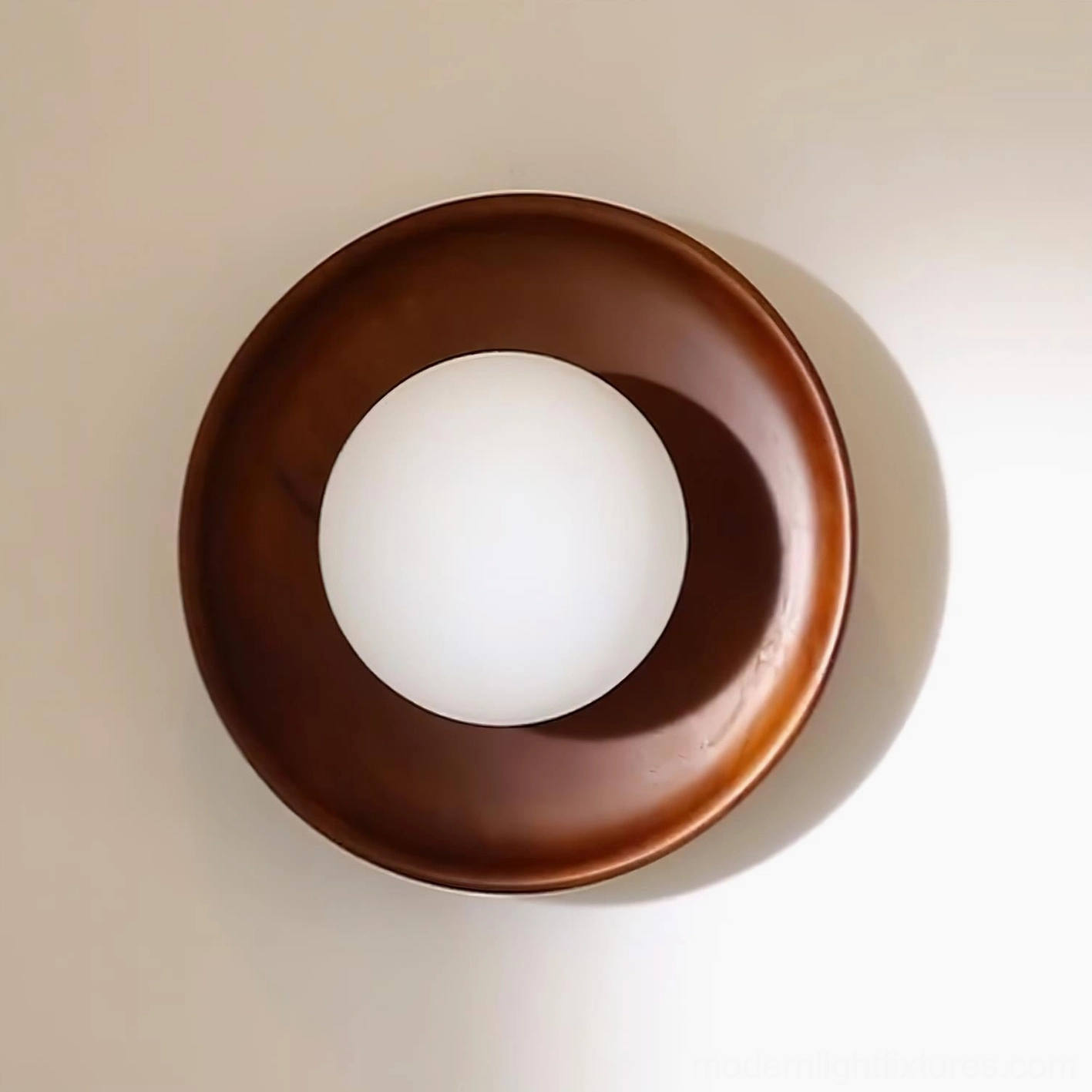 Natural wood grain texture detail of Scandinavian round wall sconce