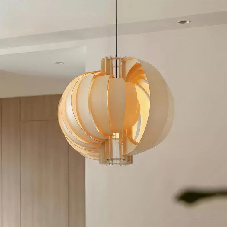 Natural wood finish spherical wooden lantern pendant light emitting warm glow in minimalist wooden dining space