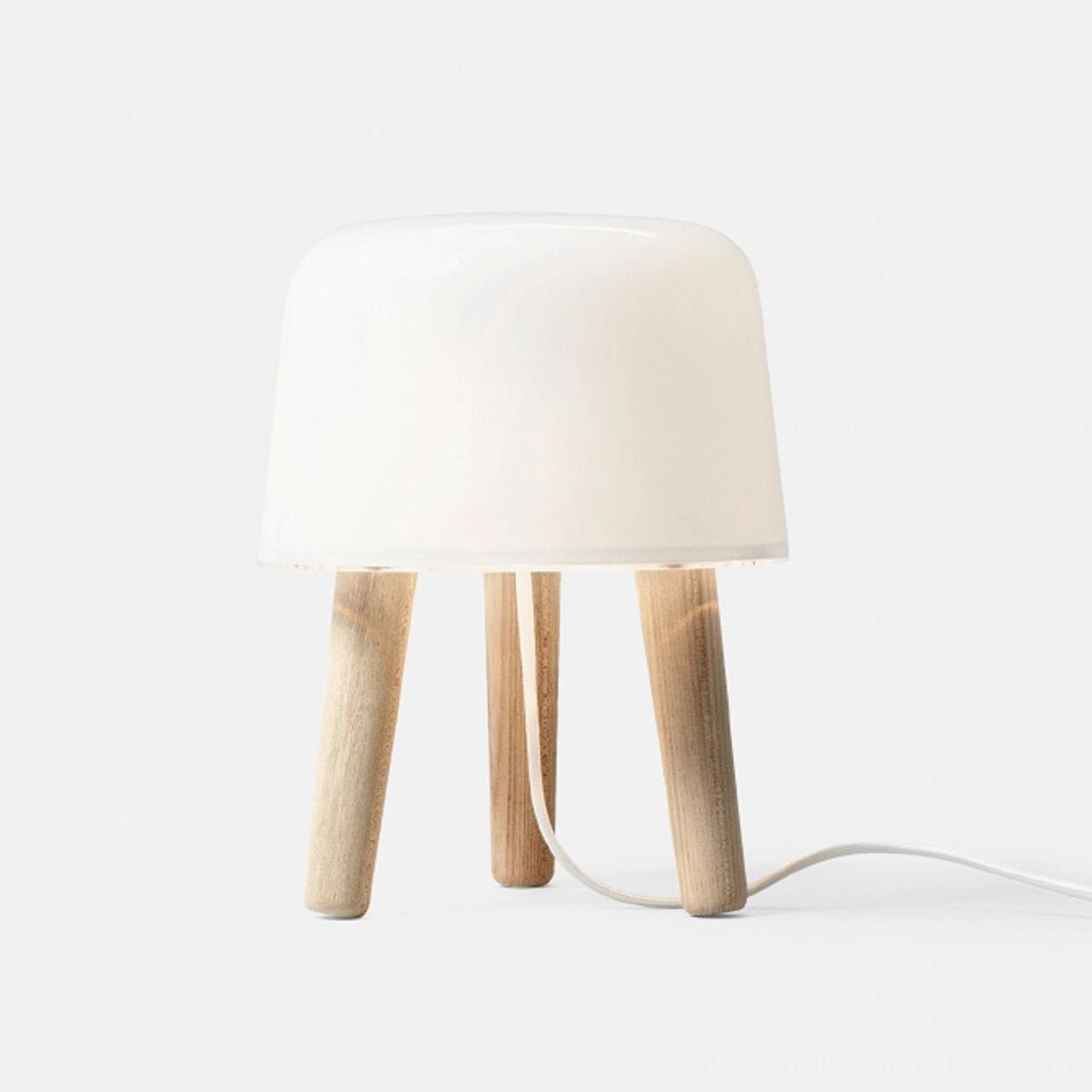 Natural wood milk glass table lamp, versatile neutral finish for Scandinavian and mid-century modern interior design