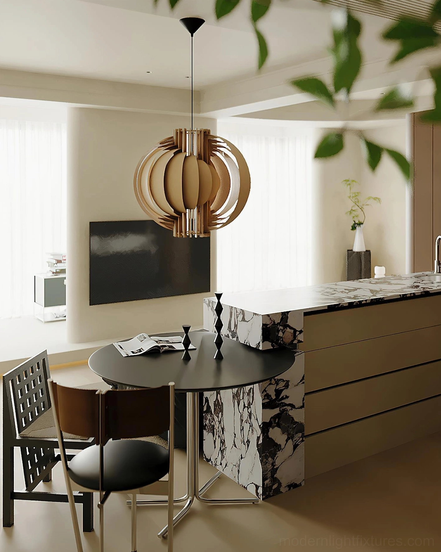 Light beige wooden pendant lamp in minimalist modern dining area providing soft diffused glow for intimate meals