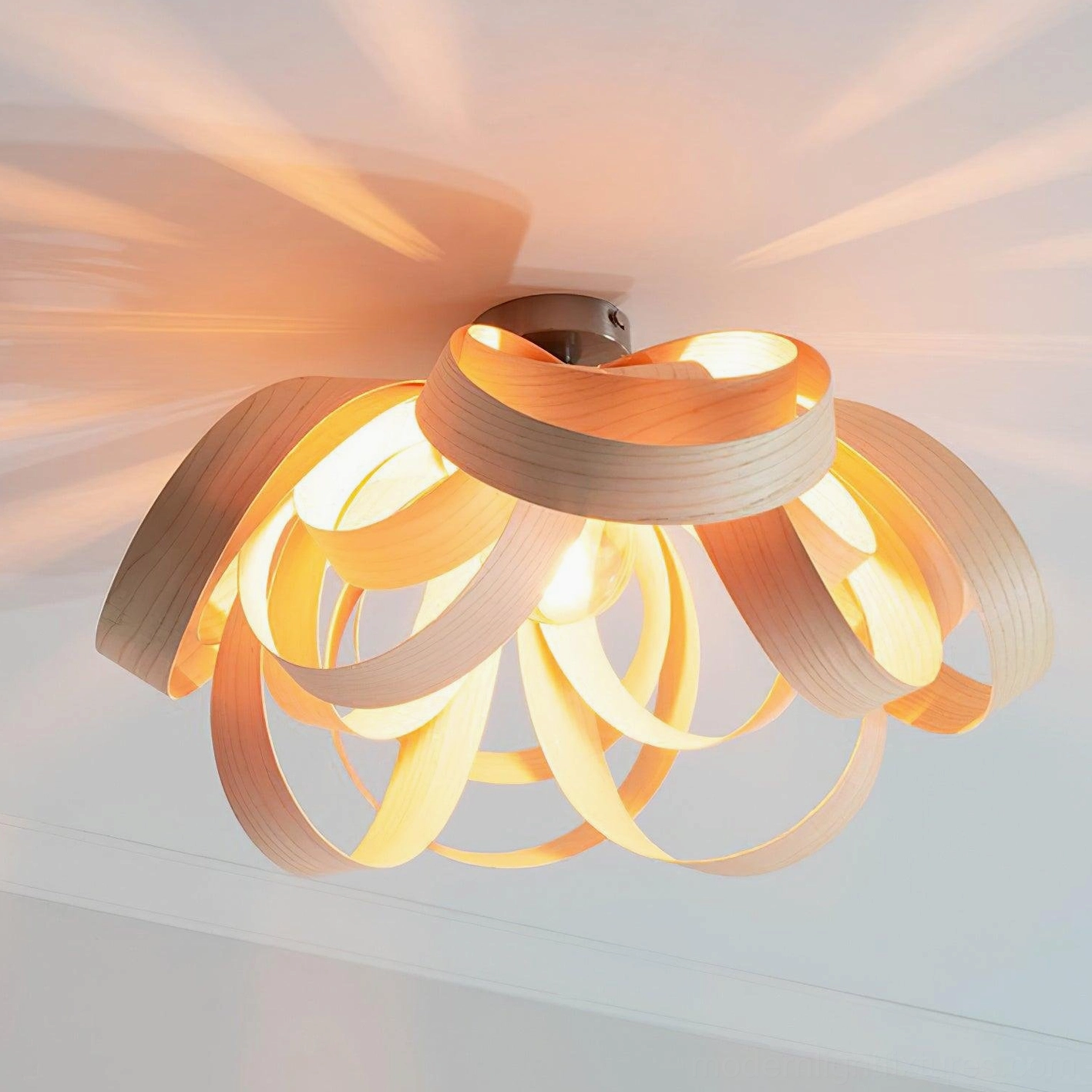 Natural wood finish petal ceiling light large diameter installation