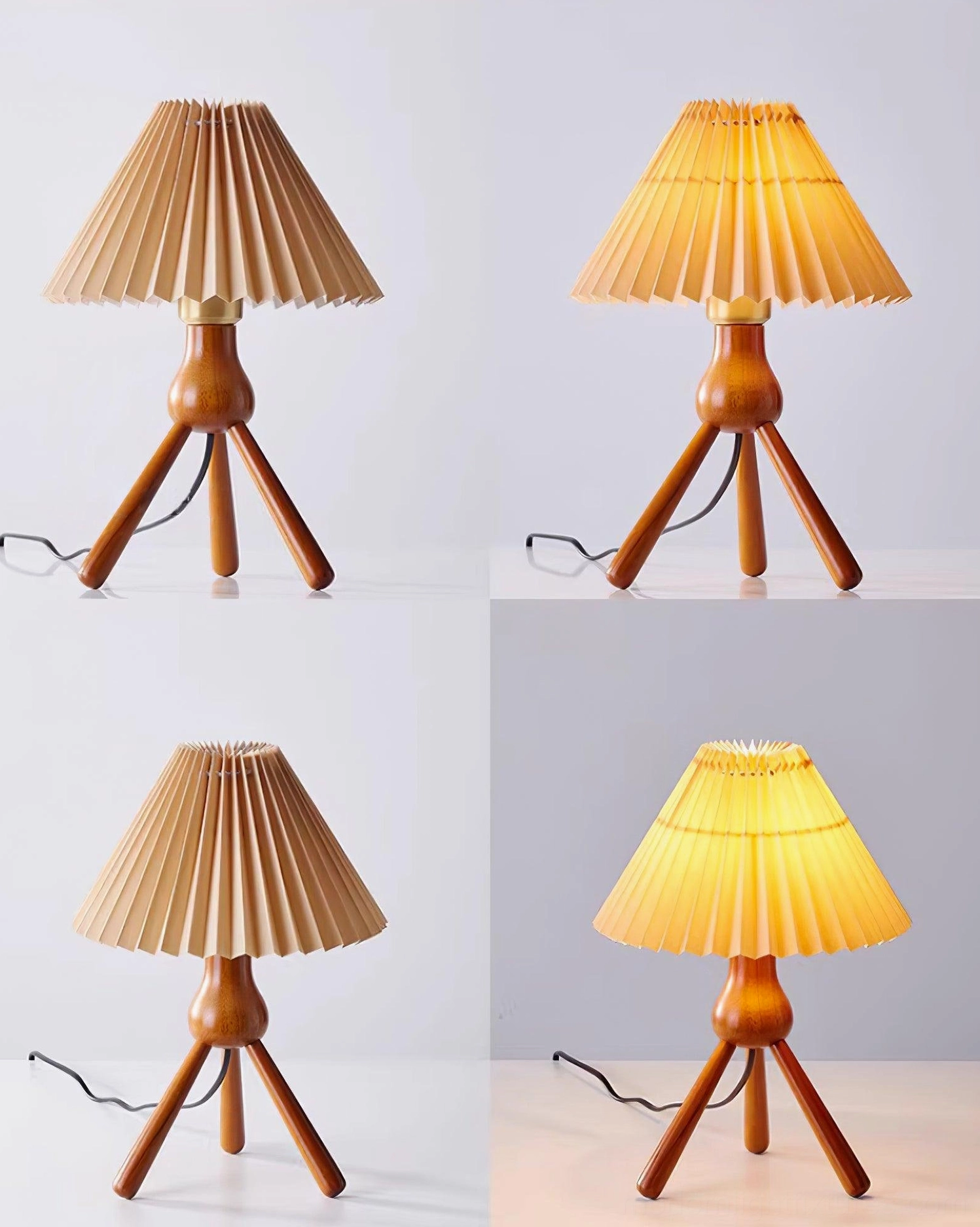 Natural wood tripod table lamp with pleated fabric shade in neutral cream, decorative display