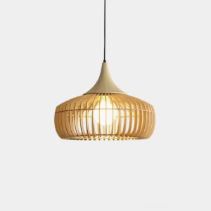 Modern wood slat pendant light with natural finish, front flat view showing slatted cage design