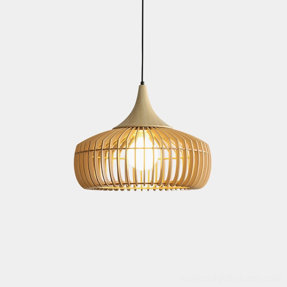 Modern wood slat pendant light with natural finish, front flat view showing slatted cage design