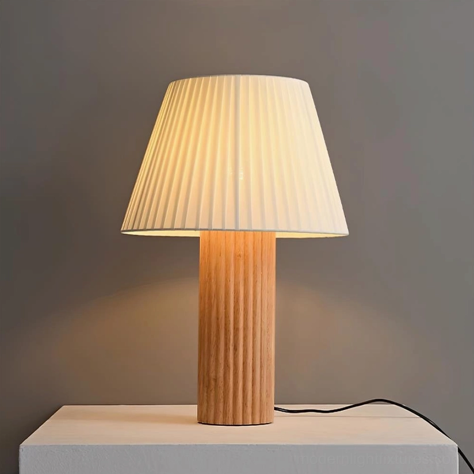 Natural wood finish contemporary table lamp with soft pleated shade perfect for bedroom bedside reading nook ambient lighting solutions