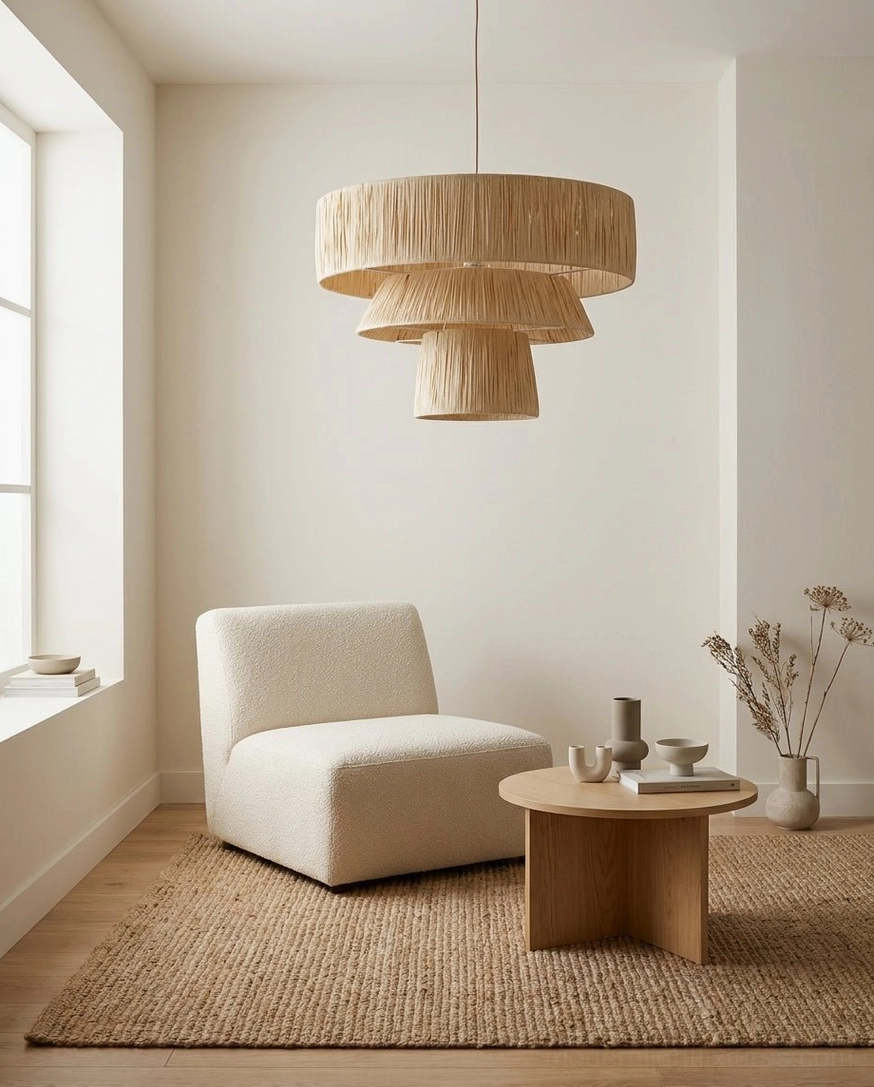 Bravina tiered woven pendant light in minimalist living corner with soft warm lighting and neutral tones