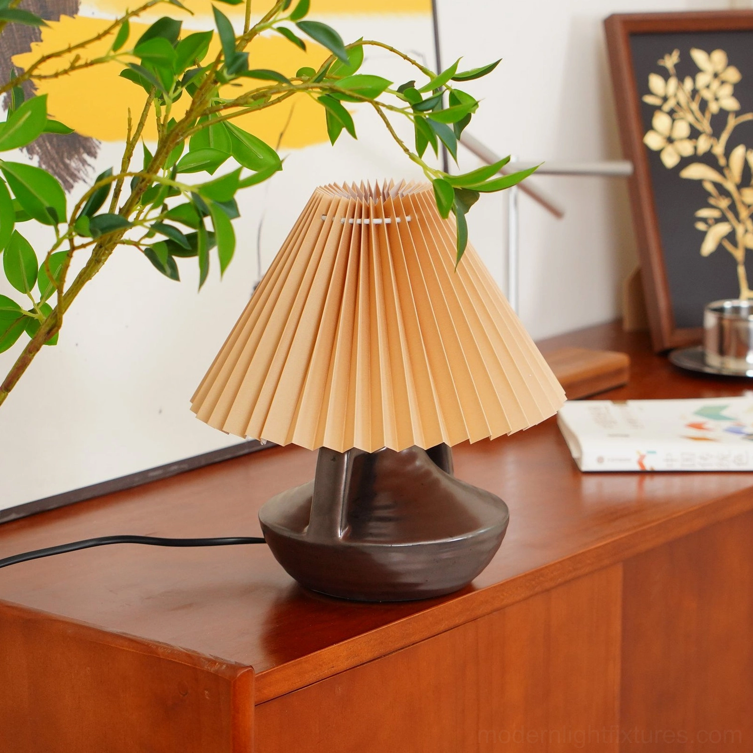 Navia Pleated Table Lamp khaki color option ceramic base pleated shade modern minimalist