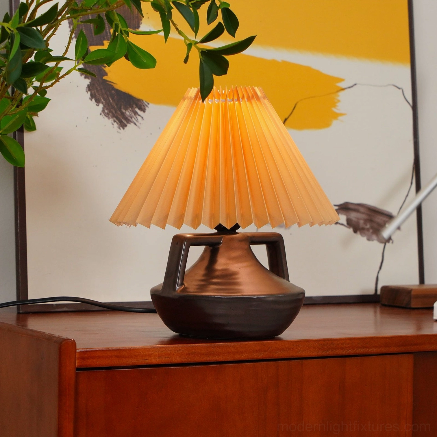 Navia Pleated Table Lamp rustic rust color ceramic base with contemporary pleated fabric shade