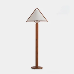 Nazia triangular floor lamp with walnut wood stand and white fabric shade, front studio view modern minimalist design