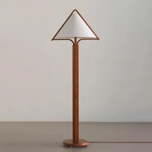 Nazia modern floor lamp with wooden pole and geometric triangular shade, three-quarter angle contemporary minimalist lighting