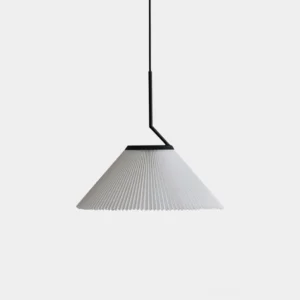Nebra pleated pendant light front view - modern minimalist white fabric shade with black metal suspension rod